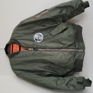 Vtg XL Tru-Spec MA-1 Military Bomber Jacket Green Orange USS Oxford AG-159 Patch